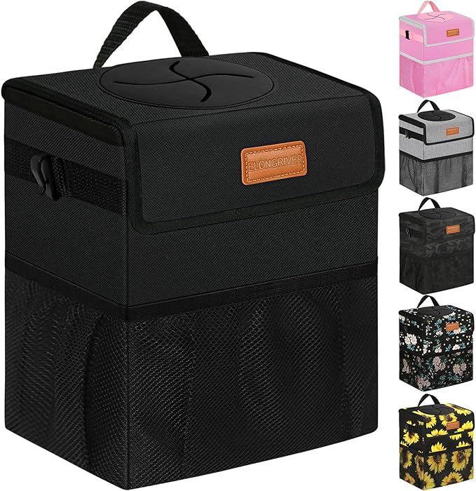 Car Trash Can Bin for Back Seat Leak Proof, Cute Car Trash Bag Hanging, Vehicle Trash Can for SUV Truck Van, Automotive Garbage Cans Front Seat Black