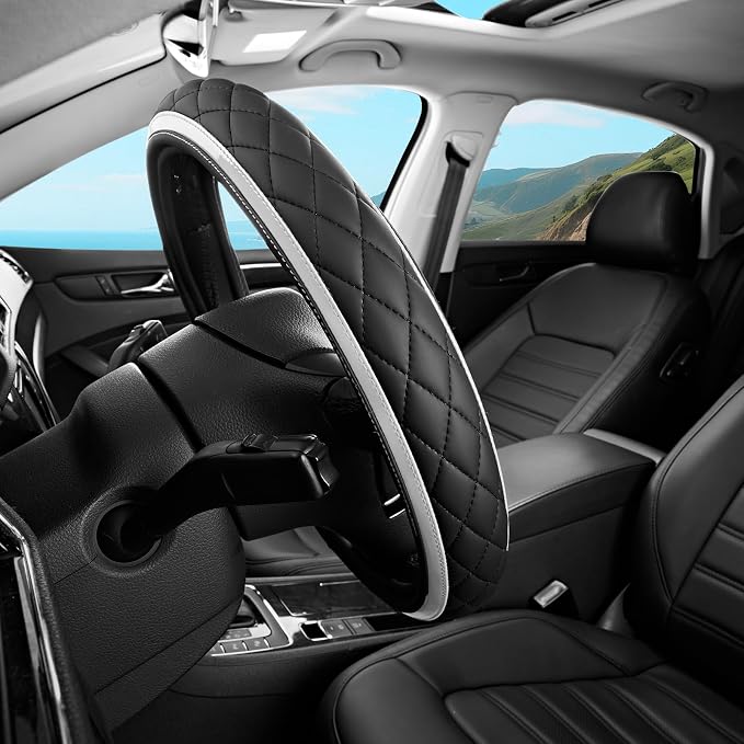 Leather Steering Wheel Cover – Black & Silver, Universal Fit 14.5-15 Inch, Microfiber Leather, Anti-Slip & Breathable Design for Men and Women