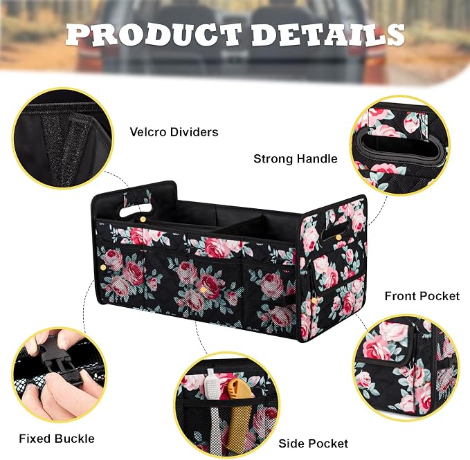 Car Trunk Organizers and Storage Collapsible Multi Compartment Container Box, Adjustable Car Accessories for SUV Sedan Truck, Standard Size, Black Floral