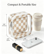 Preppy Clear Makeup Bag Travel Cosmetic Case Transparent Khaki and Beige Checkered Toiletry Bag with Zipper,Portable Mini Make Up Organizer Traveling Compact Car Bag for Essentials