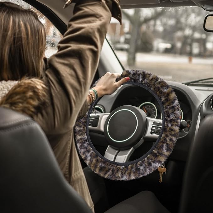 Fuzzy Steering Wheel Cover, Leopard Fluffy Car Wheel Cover for Women Men, Soft Furry Vehicle Steering Wheel Protector Warm Non-Slip Car Accessories 15 inch Universal Fit Auto, Suvs, Truck