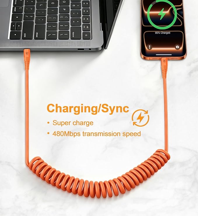 USB C to C Cable [3FT+6FT], 2Pack Coiled USB C Fast Charging Cable for CarPlay, iPhone USB-C Cable/Android Auto USB C Cord USB Type-C Cable for iPhone 17/16/15/Pro Max/Galaxy S26 S25 and More-Orange