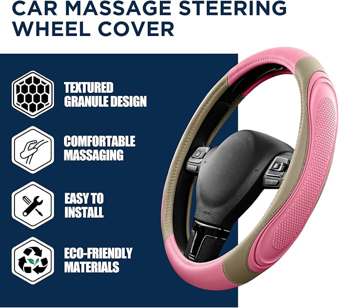 Car Steering Wheel Cover - Microfiber Leather Steering Wheel Wrap Sports 14.5-15 Inch Steering Wheel Cover Non-Slip for Men Women Pink & Beige Color