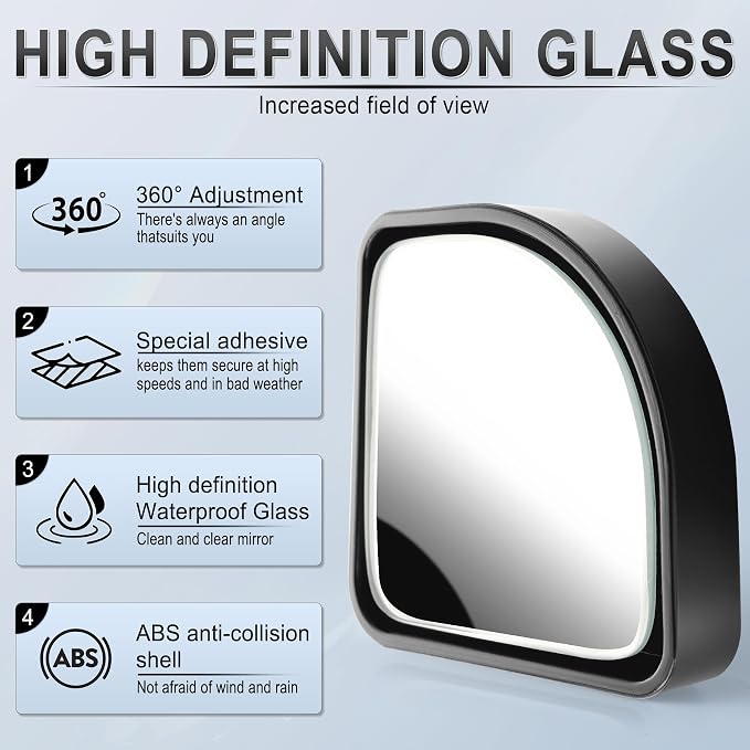 2PCS Fan Blind Spot Mirror, HD Glass and ABS Housing Convex Wide Angle Rearview Mirror with Adjustable Stick for Universal Car, Black