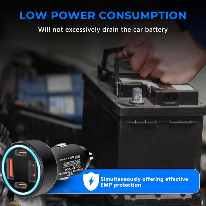 EMP Vehicle Protection, Protector Comes with 2 USB and 2 PD Interfaces, Lightning, Solar Flare and Surge Protection, Suitable for 12-Volt DC in Cars and Trucks