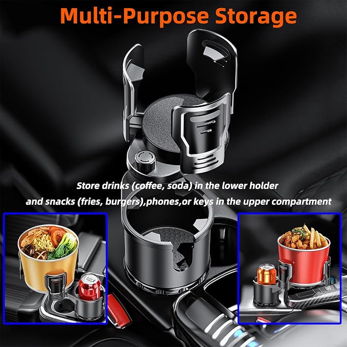 2-in-1 Adjustable Car Cup Holder Expander & Organizer – Dual Automotive Drink Holder for Bottles, Snacks, Phones – Fits Most Vehicles (3.0"-5.9" Diameter, 20 oz Capacity, Non-Slip Base) Black