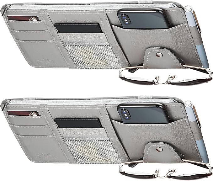 2 Packs Car Sun Visor Organizer, Sunglasses Holders for Car Sun Visor PU Auto Interior Accessories Storage Travel Document Holder with Multi Pocket (Gray, 12.2 x 6.1 Inches)