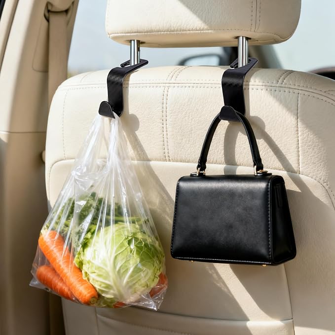 6 Pack Car Seat Headrest Hooks, Car Accessories for Women Men, Back Seat Purse Hanger Holder Hook, Universal Storage Organizer for Handbag Grocery Bags Coats (Black Checkered)