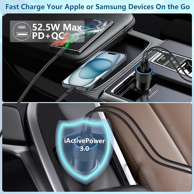 [Apple MFi Certified] iPhone Fast Car Charger, 52.5W USB-C PD&QC3.0 Car Power Cigarette Lighter USB Charger Adapter with 2Pack Lightning Braided Cable for iPhone 14 13 12 11 XS XR X 8 SE iPad