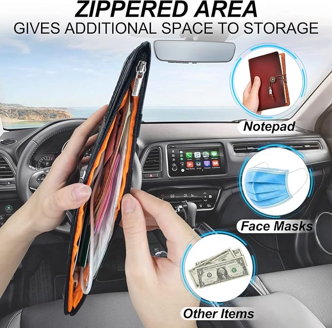 Car Sun Visor Organizer Auto Interior Accessories Pocket Organizer, Sunglasses Holder Car Truck Visor Storage Pouch for Cards, Pens and Document - Beige