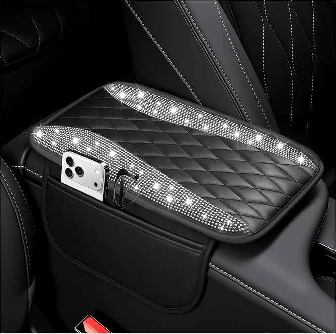 Bling Rhinestones Center Console Covers for Cars,Upgraded Arm Rest Cover for Car with Side Storage Pocket for Car Seat Organizer,Middle Console Cover Stylish Car Decoration (Bling Silver)