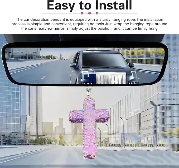 Bling Cross Car Hanging Accessories, Crystal Rhinestone Rear View Mirror Pendant, Religious Rearview Mirrors Decoration Charm, Car Hanging Ornament, Automotive Interior Accessories (Purple)