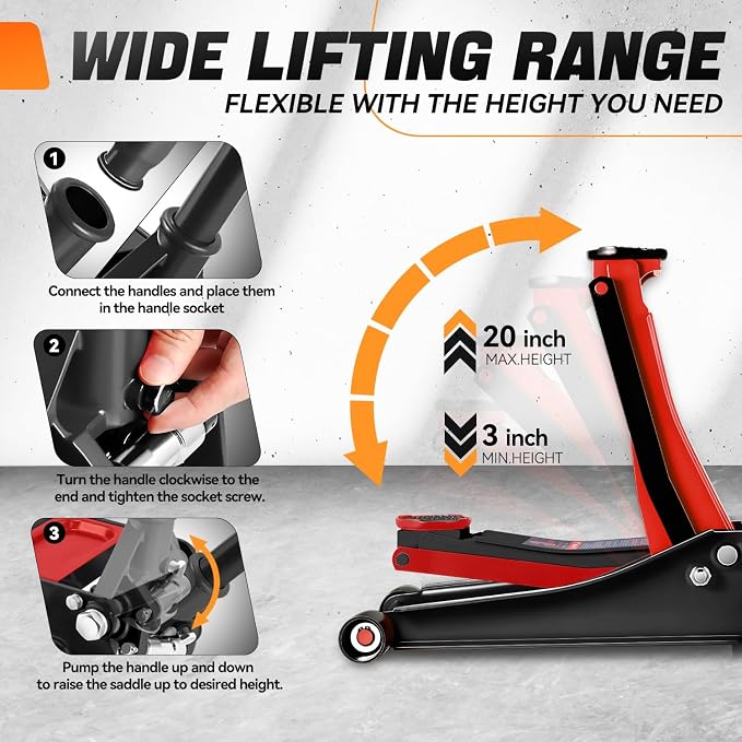 3 Ton Low Profile Floor Jack, Heavy Duty Steel Hydraulic Car Jack with Dual Pistons Quick Lift Pump, Hydraulic Racing Floor Jack, Lifting Range 3" to 20", Black