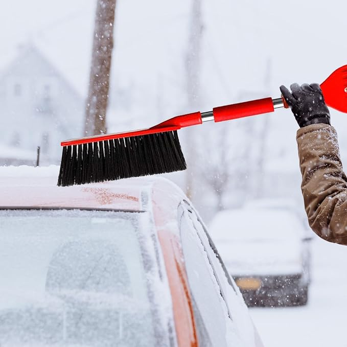 Snow Brush for Car, Ice Scrapers Adjustable Head Ergonomic Grip 2 in 1 Design Lightweight Portable Multifunctional Windshield Scraper, Winter Car Ice Kit for Cars Trucks Red