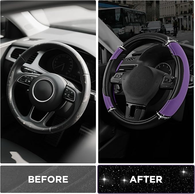 Leather Steering Wheel Cover - Made with PVC Leather - Anti-Slip, Universal Fit 14 1/2 inches to 15 1/2 inches - Purple