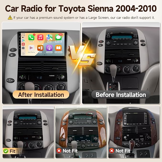 Car Stereo for Toyota Sienna 2004 2005 2006 2007 2008 2009 2010 Linux Fast Boot Wireless CarPlay and Android Auto, 9 inch Touch Screen for Toyota Sienna Bluetooth FM 1280P Backup Camera SWC