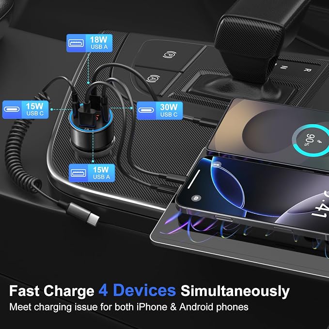 Car Charger USB C Fast Charge, 2 Pack 65W 4-Port Dual 12V USB-C & USB-A Car Phone Charger Super Fast Charging Cigarette Lighter Adapter for Samsung S26/S25/S24/S23, Pixel, Android +60W Type C Cable