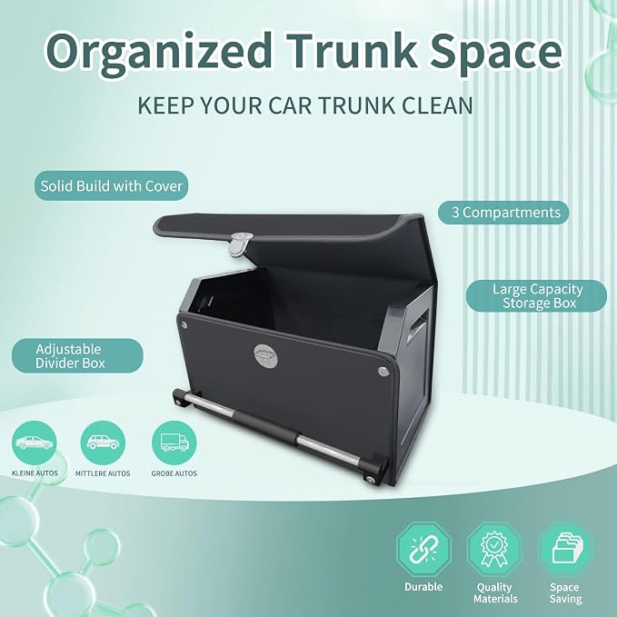 Car Trunk Organizer, Leather Trunk Organizer with Lid and Push-pull Handle Car Storage Box for SUV, Minivan, Sedan (Black, 16.9 x 11.4 x 12.2in)