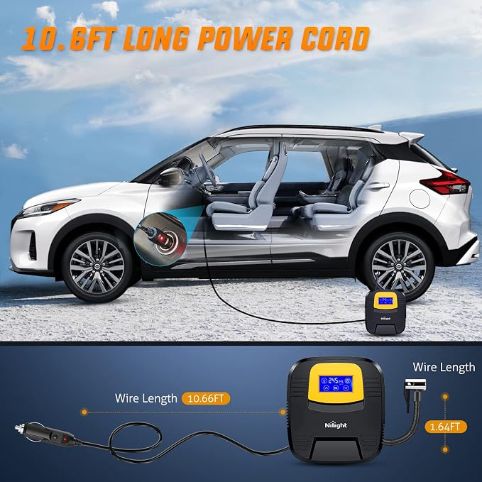 Tire Inflator Air Compressor Portable Pump for 12V DC Car Tires with Digital Pressure Gauge 150PSI Auto LED Light Cars ATVs Bicycles