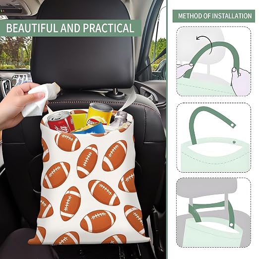 Cute Car Trash Can, Hanging Canvas Car Back Seat Organizer and Storage Bag, Funny Car Trash Bag for Travelling, Outdoor Cute Football Pattern