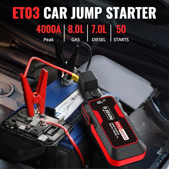 ET03 4000A Car Jump Starter Jump Starter Battery Pack for Up to 8.0L Gas and 7.0L Diesel Engines, 74Wh Portable 12V Jump Box with USB Ports, LCD Display, Storage Case, and LED Light