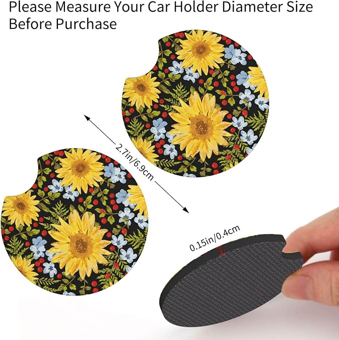 Steering Wheel Cover Sunflower Car Accessories + 2 Pieces Coasters | Universal 14-15 Inch Neoprene Auto Interior Decor Anti Slip Car Protector for Women Men