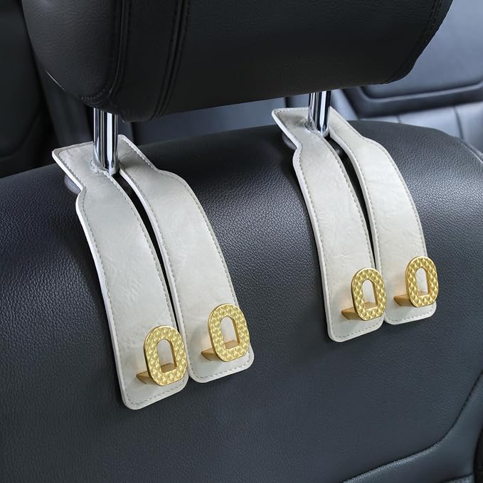 Car Headrest Hooks Universal Car Purse Hook Premium Leather and Alloy Twin Hook Car Seat Back Storage Hanger Hook for Purse Bags Cloth Drink Durable Holder Car Accessories (BH09-White-Gold-4 Pcs)