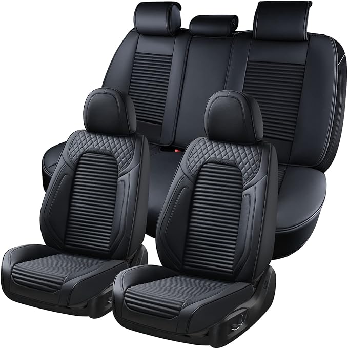 Coverado Car Seat Covers, Waterproof Nappa Leather Seat Cushion for Cars 5 Seats, Front and Rear Automotive Seat Cover Car Accessories, Universal Fit for Most Cars SUV Trucks, Full Set, Black