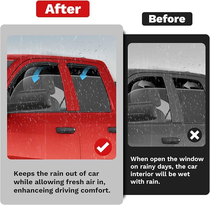 Ram Rain Guards - Window Visors for 2002-2008 Dodge Ram 1500/03-09 Ram 2500/3500 Quad Cab,Outside-Mount Tape-On Side Window Wind Deflectors for Ram Accessories,Vent Visors Shades
