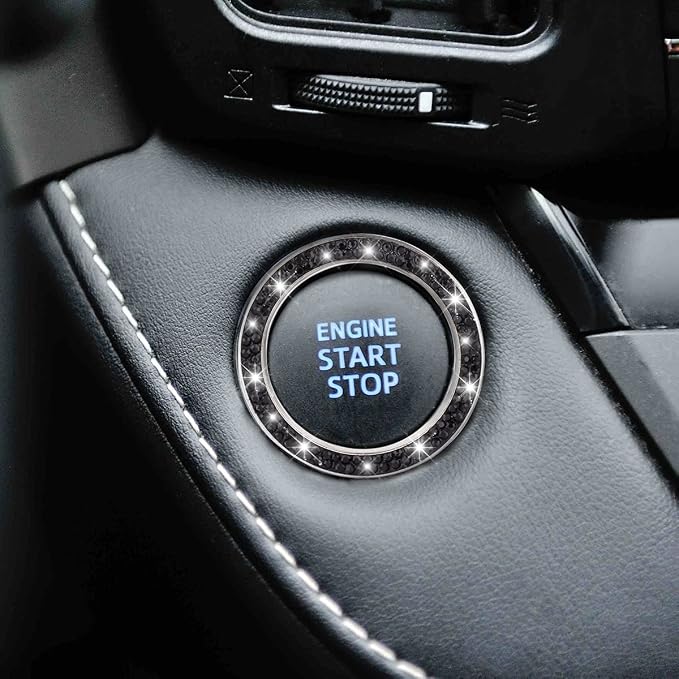 Car Bling Crystal Rhinestone Engine Start Ring Decals, 2 Pack Car Push Start Button Cover/Sticker, Key Ignition Knob Bling Ring, Sparkling Car Interior Accessories for Women (Double Black)