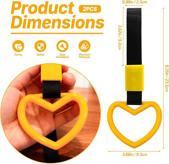 2 Pcs Heart Shaped Car Handle Strap – Drift Charm Rear Bumper Warning Ring Decor for Car Interior Exterior, Subway Bus Handle Accessory, Cute Heart Car Decor Gift for Women & Men (Yellow)