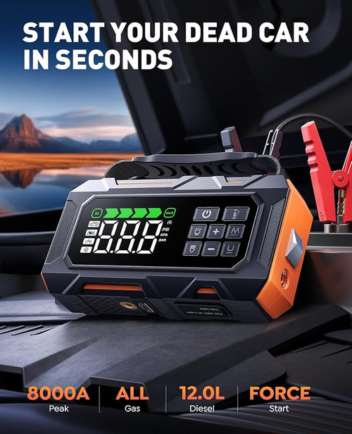 16-in-1 8000A Car Battery Jump Starter with Air Compressor 160PSI, Jump Starter Jump Box (All Gas 12L Diesel) with Portable Jumper Cables, Auto-Shutoff Tire Inflator, Gloves, Tow Rope