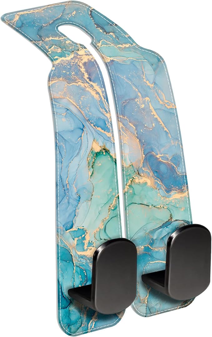 Car Seat Headrest Hooks for Purses and Bags Abstract Turquoise Golden Marble 1 Pack Bag Purse Holder for Car with Double Metal Hooks Car Purse Hanger Hanging Accessories