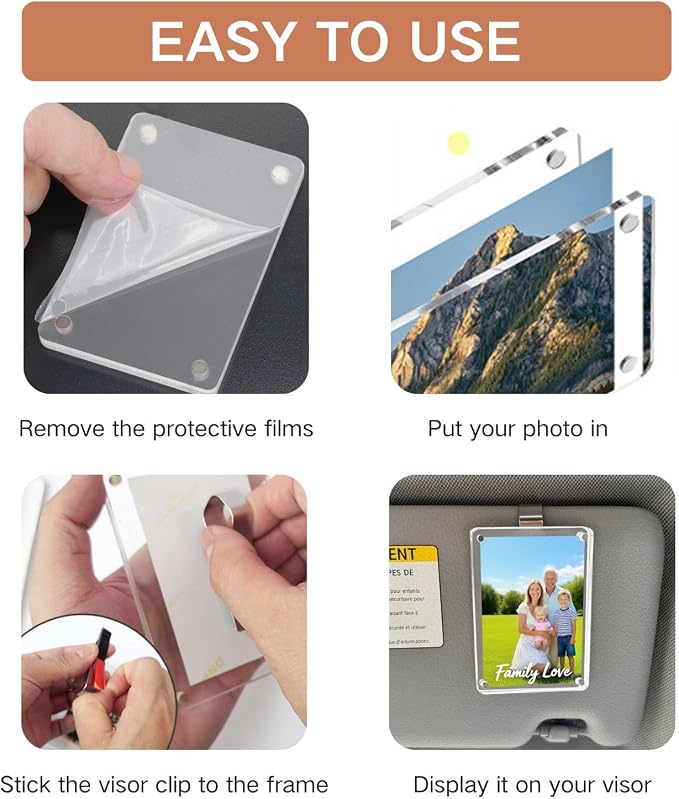 Car Picture Holder, Car Sun Visor Magnetic Picture Frame with Clips, Universal Personalized Car Visor Photo Clip Car Accessories
