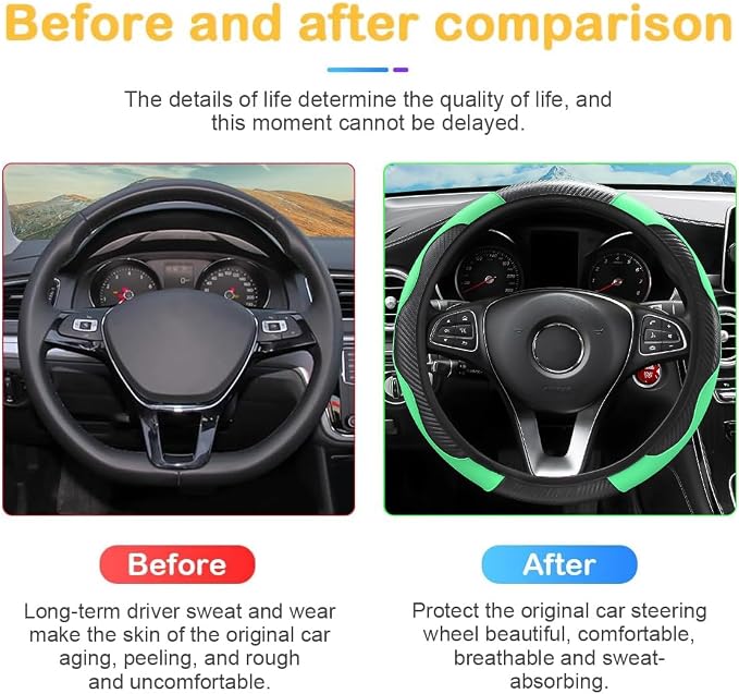 Car Steering Wheel Cover, 15 inch Carbon Fiber Microfiber PU Leather Elastic Steering Wheel Protector for Men Women, Anti-Slip Breathable Car Interior Accessories for Most Cars (Green)