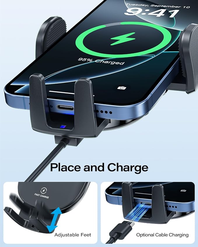 Sturdy CD Slot Phone Mount Upgraded Wireless Charger with One Hand Operation Design, Hands-Free Car Phone Holder Compatible with iPhone 17 Pro Max Plus 16 15 14 13 12 11, Samsung S25 S24