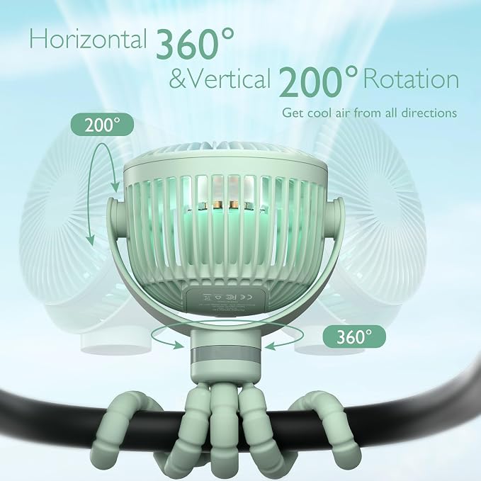 8000mAh Portable Stroller Fan, 27H Ultra-long Battery Life Detachable 4 Speed 360°Rotate LED Night Light with 2 Modes, USB Rechargeable Handheld Cooling Fan for Travel/Car Seat/Bedroom