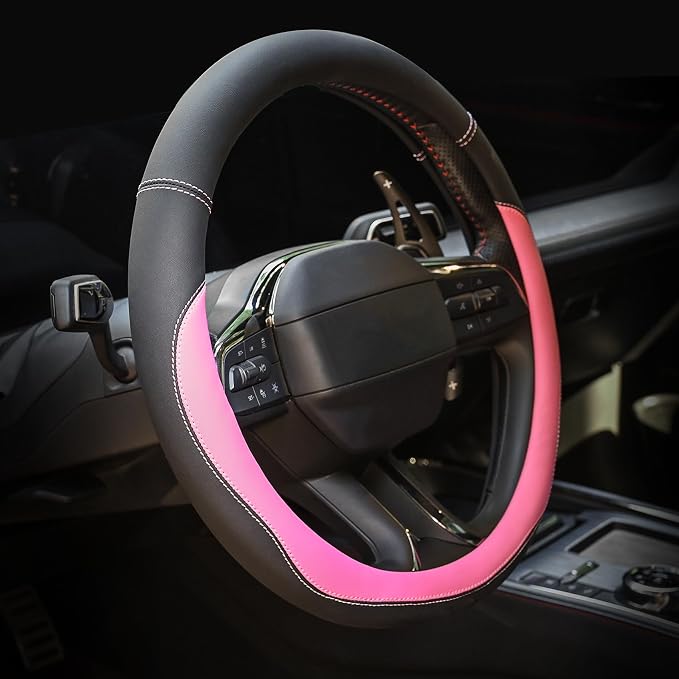 Microfiber Leather Steering Wheel Cover Large-Size for F150 F250 F350 Ram 4Runner Tacoma Tundra Range Rover Model S X with 15 1/2 inches-16 inches Outer Diameter Pink