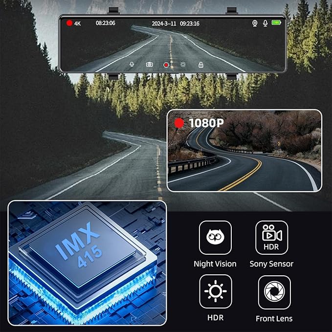 3 Channel Mirror Dash Cam, 12" Triple Rear View Mirror with Front 4K, Inside and Rear 1080P Cameras with 5.8GHz WiFi, G-Sensor, Night Vision, Reverse Assist, Parking Monitor