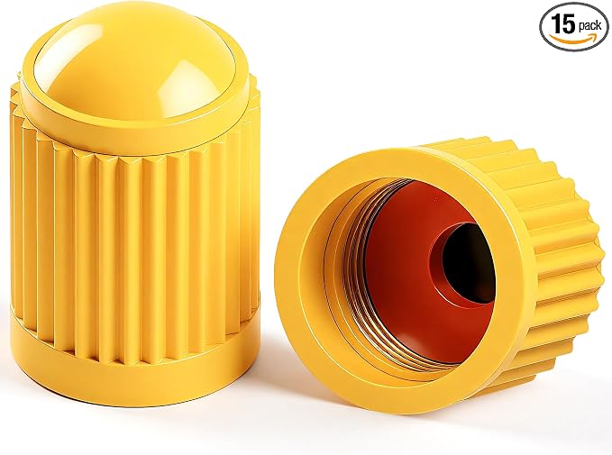 15PCS Tire Valve Stem Caps, Corrosion Resistant, with O Rubber Ring, Airtight Seal Heavy Duty Dustproof Tire Valve Stem Covers for Cars, SUV, Trucks, Bikes, Motorcycles, Bicycles(Yellow)