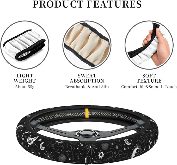 Sun Pattern Steering Wheel Cover Non-Slip Auto Steering Wheel Protector Car Accessories Universal Fit 15 Inches for Men Women