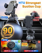 HTU [2026 Latest Upgrade Military-Grade Anti-Shake Car Phone Holder, 90+LBS Strong Suction Car Phone Mount, 360° Rotatable Mount for Dashboard Windshield Vent, for iPhone 17/16 Pro Max, Deep Gray