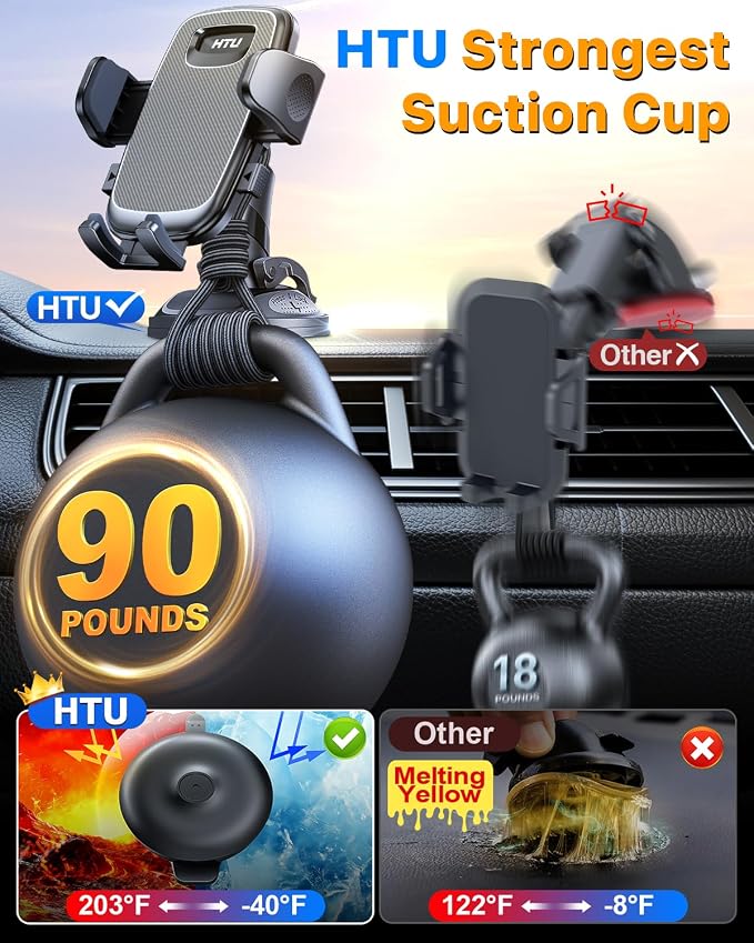 HTU [2026 Latest Upgrade Military-Grade Anti-Shake Car Phone Holder, 90+LBS Strong Suction Car Phone Mount, 360° Rotatable Mount for Dashboard Windshield Vent, for iPhone 17/16 Pro Max, Deep Gray