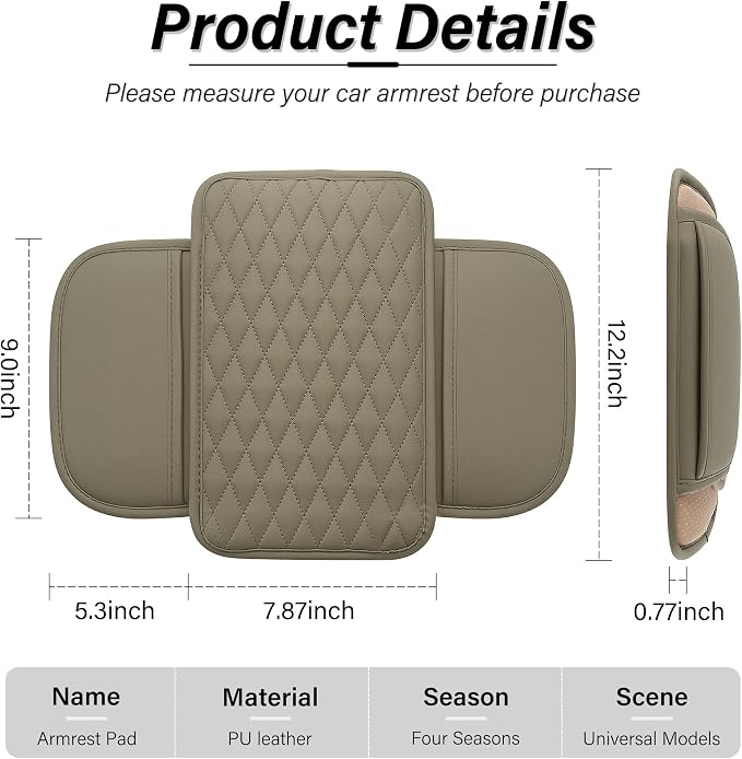 Car Center Console Cover, Upgraded Leather Car Armrest Cushion with 2 Storage Pockets, Universal Waterproof Cushion Pad, Non-Slip Car Interior Accessories, Fits Most Sedans SUVs Trucks (Beige)