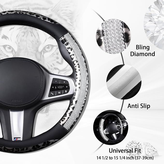 Leopard Steering Wheel Cover - Bling Crystal Rhinestones Cheetah Print on Leather Non-Slip Breathable Design for Women/Girls Universal Fit 14.5-15 Inch(Black & Silver)