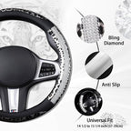 Leopard Steering Wheel Cover - Bling Crystal Rhinestones Cheetah Print on Leather Non-Slip Breathable Design for Women/Girls Universal Fit 14.5-15 Inch(Black & Silver)