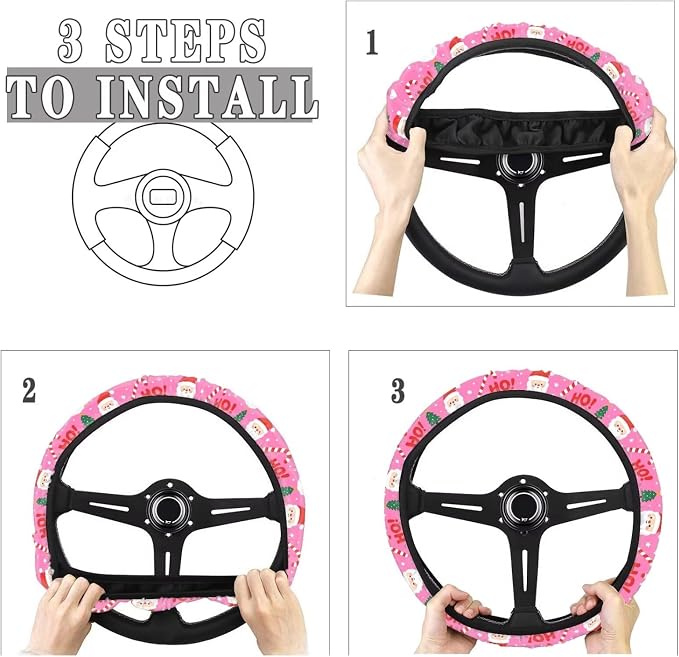 Steering Wheel Cover for Women Sweat Absorbing Non-Slip Protection | Santa Claus Pink Print, Universal Fit Most Car Sedans SUVs, Comfort Grip Breathable Steering Wheel Protector