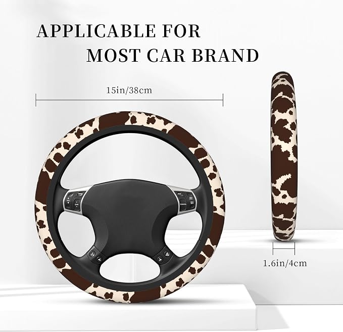 Brown Cow Print Steering Wheel Covers Universal 15 Inch Car Wheel Cover,Anti-Slip Breathable Car Accessories Protector Fit for Trucks,Sedans,SUVs,Vans
