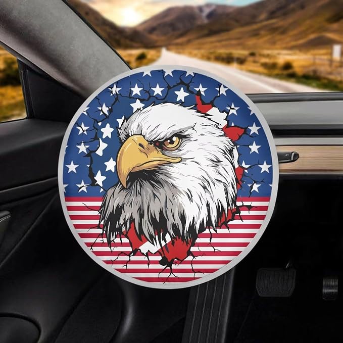 American Flag Eagle Steering Wheel Sun Shade Cover Steering Wheel Sun Block Anti-Heat Aluminum Foil Steering Wheel Cover Steering Wheel Sun Heat Shield for SUV Truck Van
