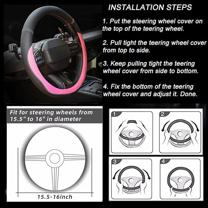 Microfiber Leather Steering Wheel Cover Large-Size for F150 F250 F350 Ram 4Runner Tacoma Tundra Range Rover Model S X with 15 1/2 inches-16 inches Outer Diameter Pink